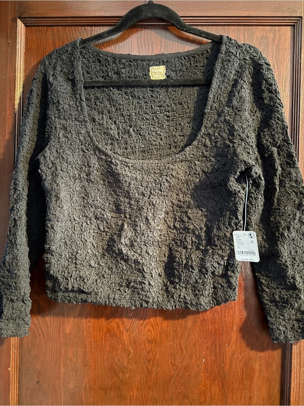 Free People Black Textured Scoop-Neck Cropped Top